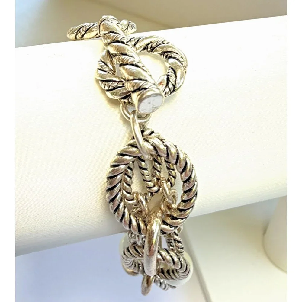 Vintage Chunky Rope Chain Toggle Bracelet Faux Pearl Charm Silver Tone Coastal